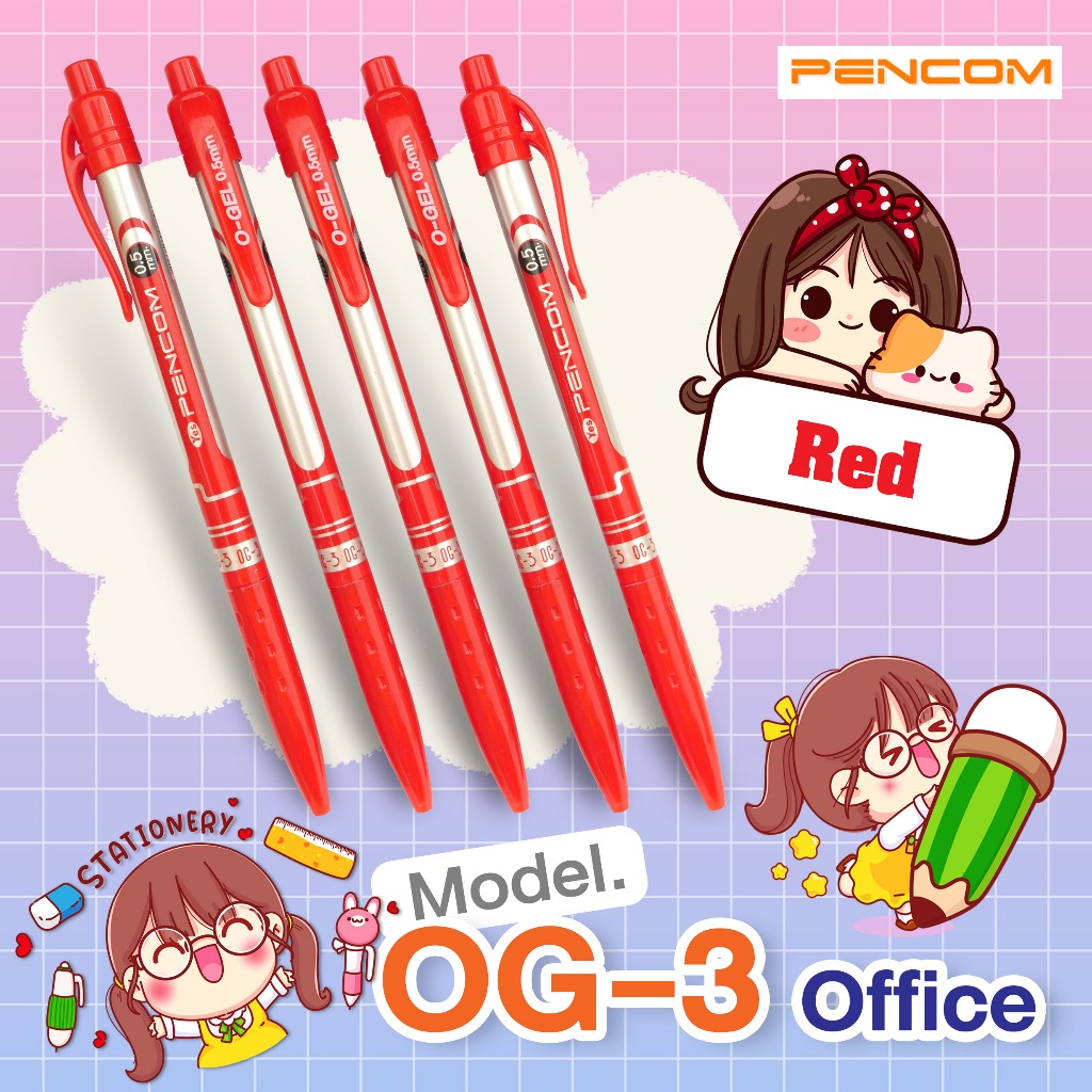 Pencom OG03-RD ปากกาหมึกน้ำมันแบบกดหมึกแดง (รับใบเสร็จรบกวนแจ้งในหมายเหตุ)