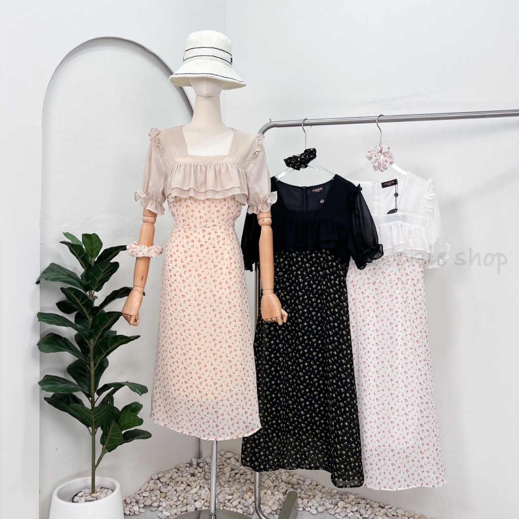 dress cookie รุ่น เดรสลายดอกผ้าซีฟอง ทรงคอเหลี่ยมแต่งระบาย  CD3