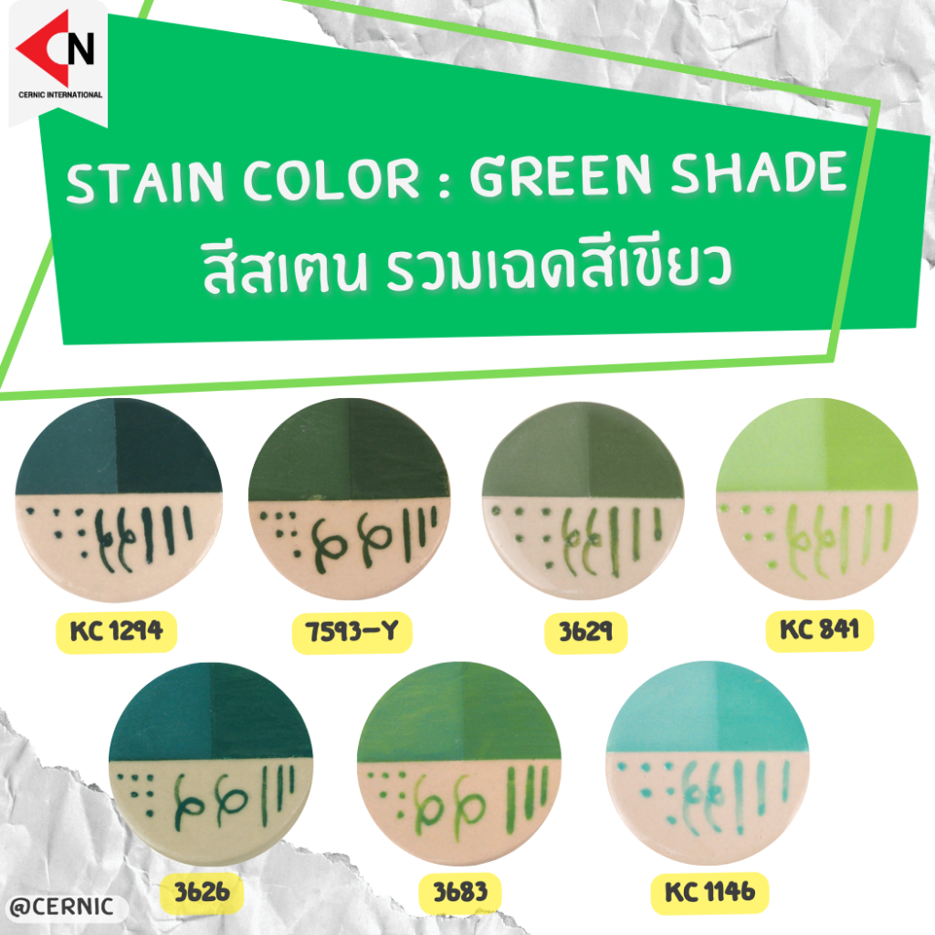 (GREEN SHADE) CERAMIC STAINS COLORS สีสเตน รวมเฉดสีเขียว สีเคลือบเซรามิค ขนาดบรรจุ 100 กรัม/ขวด