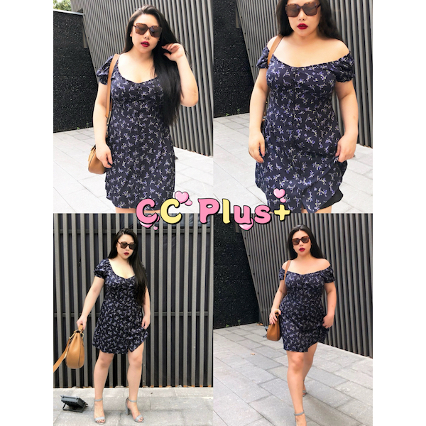 CiCi Plus+(3198)เดรสสั้นผ้าโพลี ปาดไหล่ ติดกระดุมหน้า เชือกผูกหลังเข้ารูป ผ้าพริ้ว สไตล์สาวพลัสไซส์