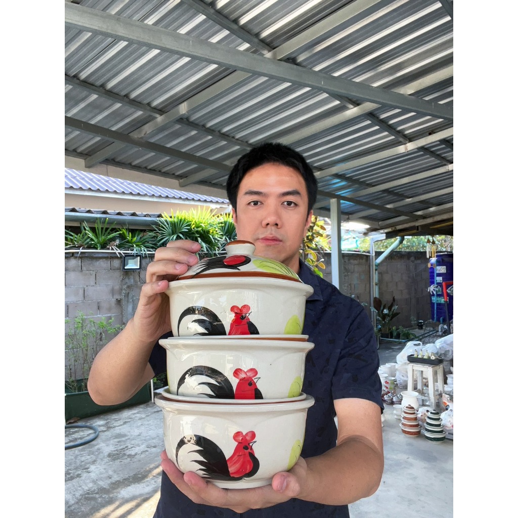 ชามฝาปิดลายไก่ (ขนาด 7 นิ้ว)จำนวน 3 ชิ้น ชามฝาปิด ชามตราไก่ ถ้วยพร้อมฝาปิด ราคาถูก เข้าไมโครเวฟได้