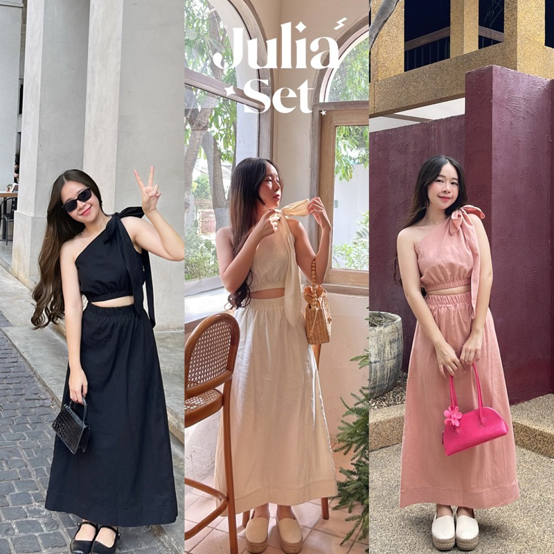 Julia set* เซ็ตเสื้อครอปไหล่ผูกโบว์+กระโปรงทรงเอยาว