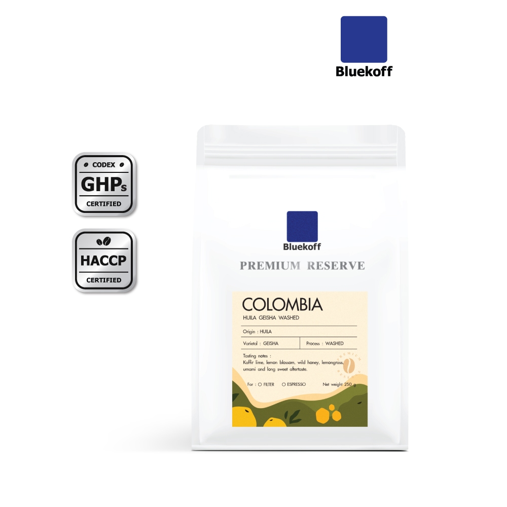 Bluekoff เมล็ดกาแฟ Colombia Huila Geisha Washed Arabica 100% (1 ถุง บรรจุ 250 กรัม) คั่วตามรอบ