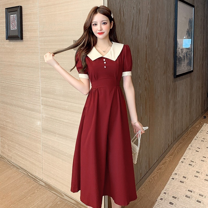 MVP แขนสั้นผู้หญิงฝรั่งเศส คอปกตุ๊กตาทารก สีแดง ชุดเดรสแฟชั่นฤดูร้อน กระโปรงทรงเอทรงเข้ารูป S-2XL!