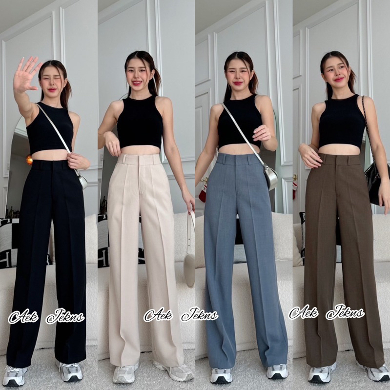 รุ่นใหม่ กางเกงขากระบอกเอวสูงตะขอหน้าผ้าป๊อกกี้เนื้อผ้ามีนำ้หนักทรงสวยเก็บหุ่นได้เป๊ะใส่สบาย