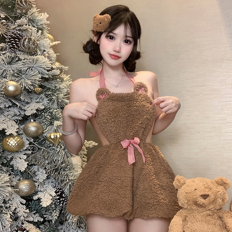 ชุดหมีน่ารัก ชุดคอสเพลย์หมี เกรดดี สายเดี่ยวคล้องคอ ผ้าขนแกะ แต่งโบว์น่ารัก T-010