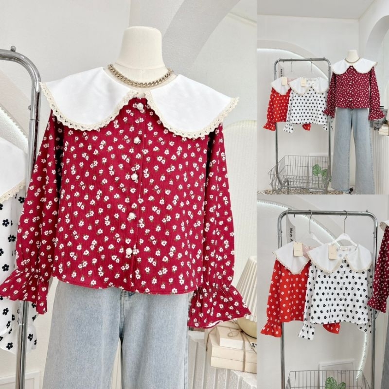 [โค้ดลด50%ในไลฟ์]น้องแบร์ | PKN เสื้อคอบัวแต่งขอบด้วยลูกไม้ ผ้าเปลือกไม้ [อก38ยาว20]