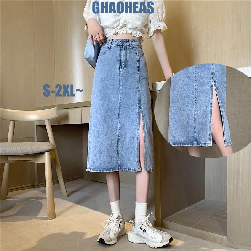 GHAOHES กระโปรง ยีน ส์ ยาว ผ่าข้าง เอวสูง ฮัน บรีซ สะดวกสบายและสง่างาม 3XL กระโปรงยีนส์