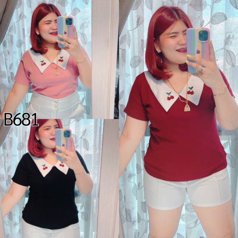 เสื้อสีพื้นปกเหลี่ยมเชอรี่ ผ้ายูนิโคล่ 681