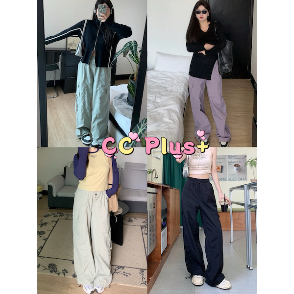 CiCi Plus+(530)กางเกงขายาวทรงคาร์โก้ ผ้าร่ม เอวสม็อกเชือกรูดปรับได้ ใส่สบาย แมทช์ได้หลายลุคหลายสไตล์
