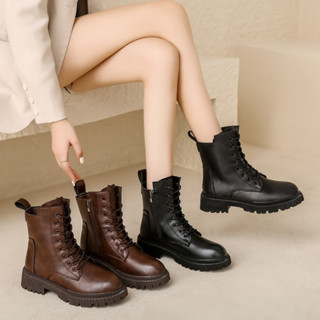 รองเท้าบูทมาร์ตินสตรีแนววินเทจ พื้นรองเท้าหนา ซิปข้าง ซิปข้า…