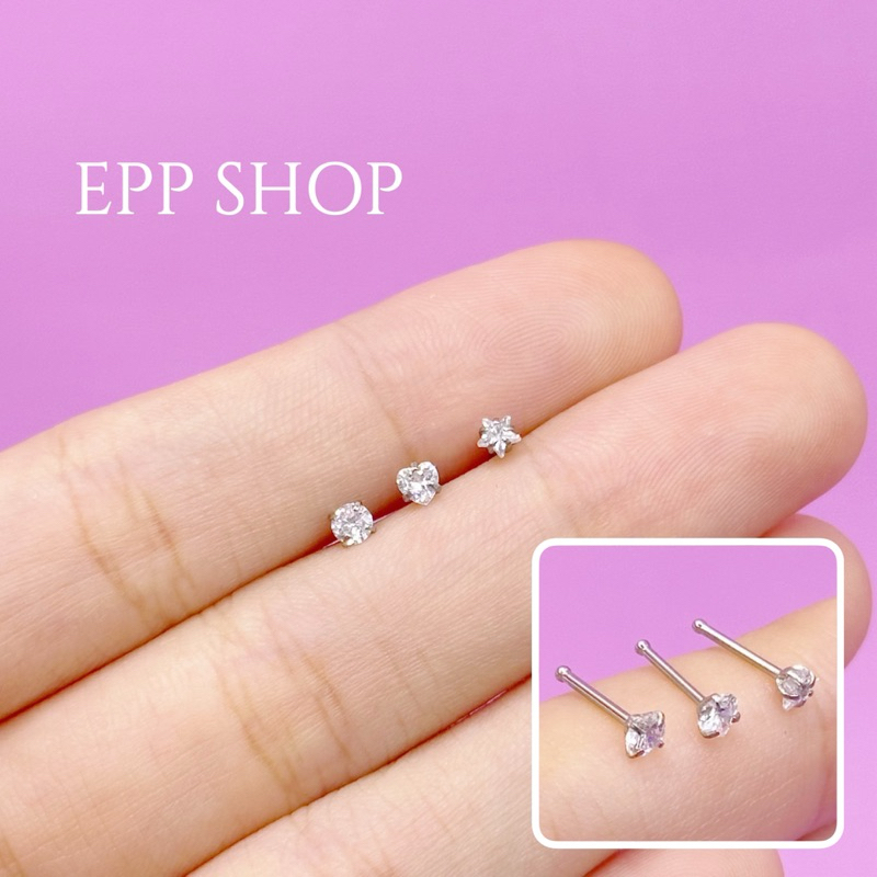 จิวจมูกเพชร ลายกลม ดาว และหัวใจ ก้านสแตนเลส