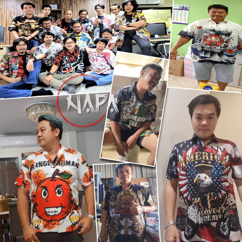 เสื้อฮาวาย แมวกวักดอกไม้สีสัน A1132 ผ้าไหมอิตาลีแท้ - รูปที่ 6