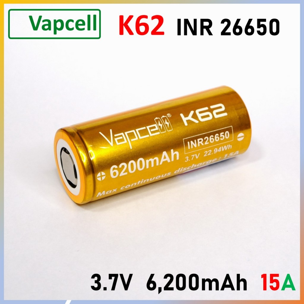 ถ่านชาร์จ26650 Vapcell K62 6,200mAh 15A ราคา 1 ก้อน ถ่านชาร์จ Li-ion 3.7V Vapcell แท้ 100%
