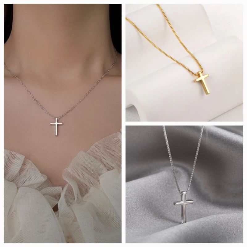 [ มีสองสี ] สร้อยคอไม้กางเขนมินิมอล • Minimal Silver Cross Necklace