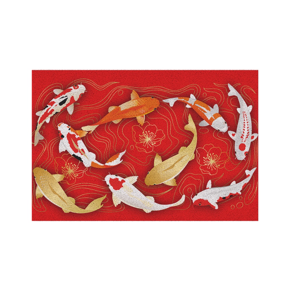 [ MT06-00000058 ] พรมเช็ดเท้า พรมดักฝุ่น ฮวงจุ้ย ลาย ปลาคราฟดอกบัว แดง ขนาด 80x120 ซม