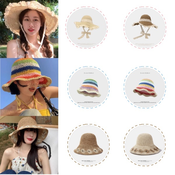 หมวกสาน หมวกชายหาด ชายคากว้าง ป้องกันแสงแดด ลูกไม้หวาน สไตล์ญี่ปุ่น