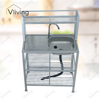 Vliving ซิ้งค์ล้างจาน อ่างล้างจาน สแตนเลสข้างทึบ 3ชั้น กลาง มีบน โครงอลูมีเนียม