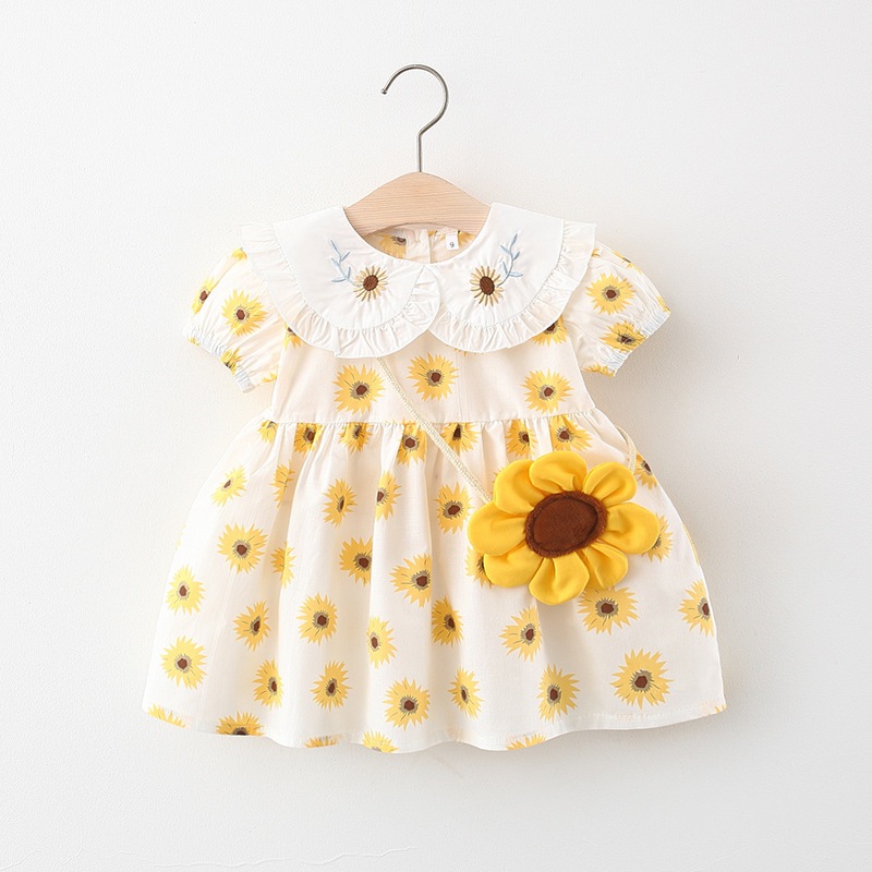 Babyonline(Y219)A1 ชุดเดรสแฟชั่นผ้าฝ้ายลายทานตะวัน พร้อมกระเป๋าสะพายข้างสุดน่ารัก