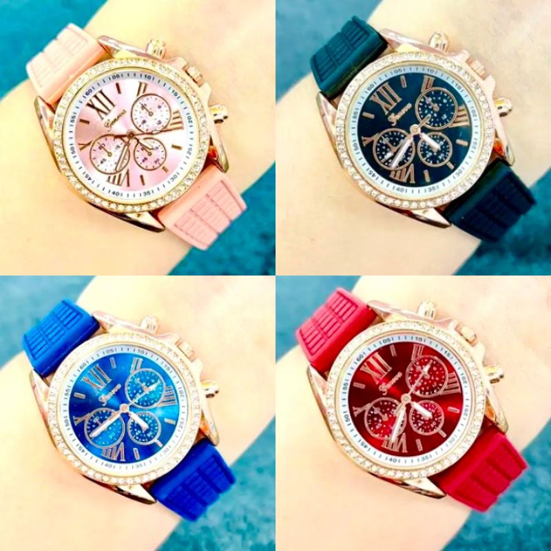 นาฬิกาผู้หญิง GENEVAเจนีวา แบรนด์แท้ หน้าปัดเเบบ MKขอบเรียบ-ขอบเพชร สายชิลโคลน ตั้งเวลาให้พร้อมใช้งานเเถมฟรีถุงดำ