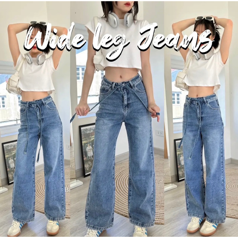 Bave Jeans 62120 กาง้กงยีนส์เอวสูง ทรงกระบอก สีเฟด พร้อมเชือกผูกเอว