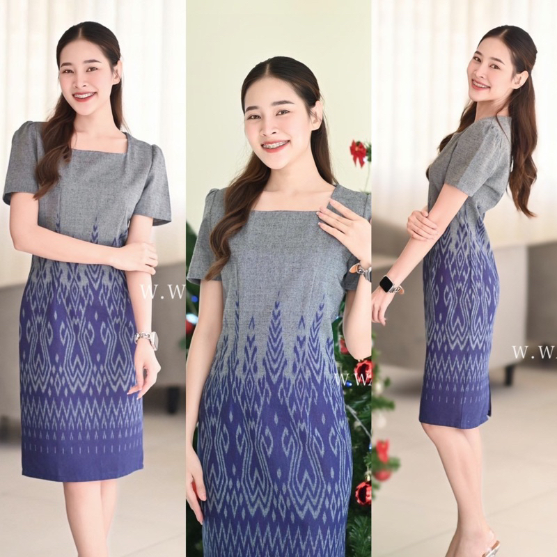ชุดทำงาน ใส่ออกงานได้ (สินค้าใหม่)ชุดเดรสลายไทย อก32ถึง46 ผ้าฝ้ายพิมพ์ลายพรีเมียร์เกรดดีผ้านุ่ม(มีอัดกาว/ไม่อัดกาว)สีเทา