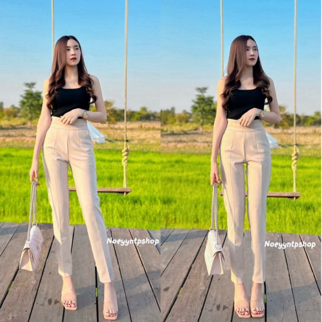 กางเกงขากระบอกเล็ก 9 ส่วนซิปหลังผ้าโรเชฟ