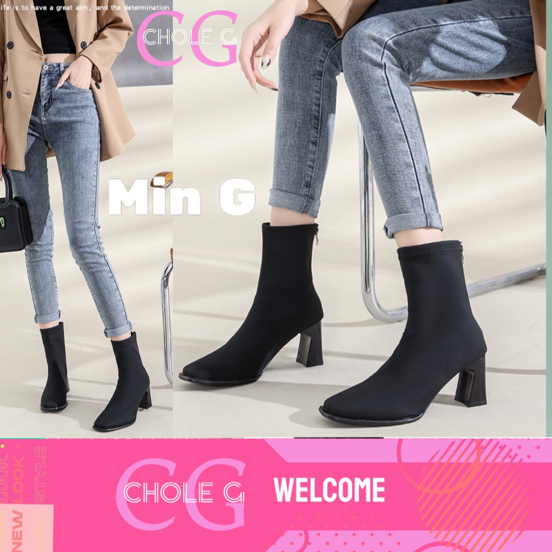 Chole G:Min G Korea Chunky Heel Slim Fit Ankle Boots รองเท้าบูทหนัง บูทเกาหลี ไซส์37-43ส้นสูง7cm(SH0