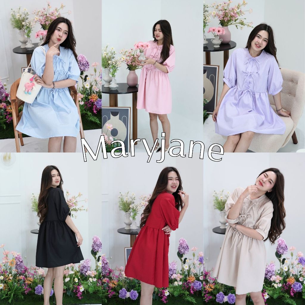 12FEBRUARY | MARY JANE เดรสผูกโบว์ เนื้อผ้าผ้าอัดลายพอง แขนตุ๊กตา ใส่แล้วน่ารักสุดใจ