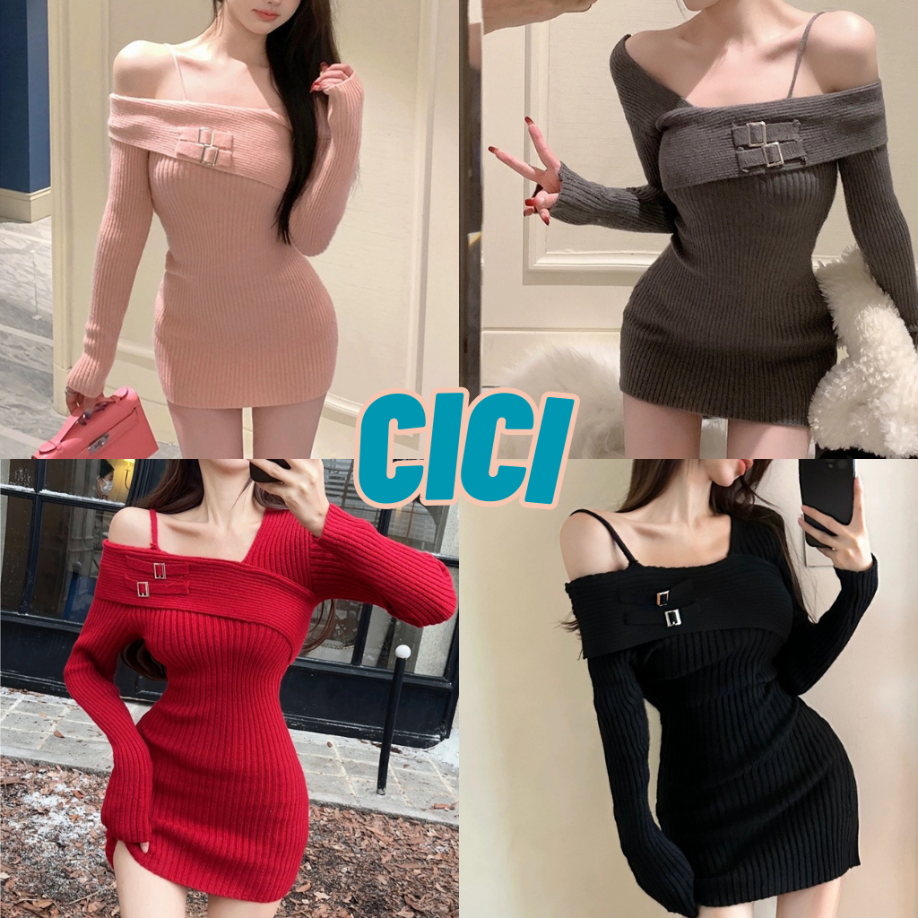 ส่งทันที Cici(NO. B6310) มินิเดรสเปิดไหล่ไหมพรม ดีเทลเข็มขัดตรงอกตกแต่ง สไตล์ฝรั่งเศส