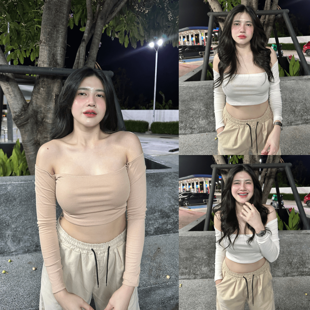 Live x SpinnyHouse เสื้อครอปปาดไหล่ ผ้าร่องยืดเยอะ 💖 ใส่เที่ยว ถ่ายรูปคือปังม้าก   รุ่น ปาดไหล่45