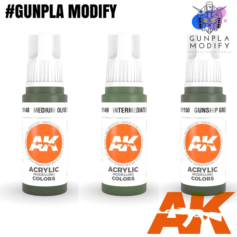 AK Interactive 3G สีอะคริลิคสูตรน้ำ 17 ml Medium Olive Green, Intermediate Green, Gunship Green