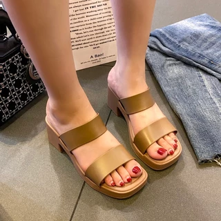 A17 รองเท้าแบบสวมส้นสูง พื้นหนา สีเรียบ สายคาด 2 สาย น้ำหนักเบา