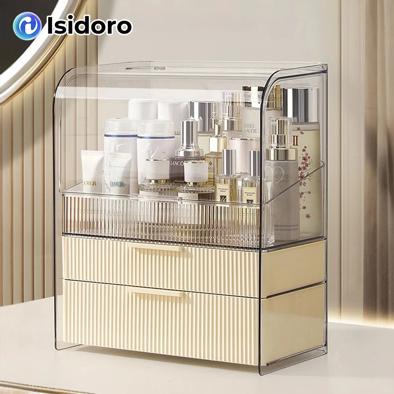 Isidoro กล่องใส่เครื่องสำอาง ไม่ต้องติดตั้ง มีฝาปิด มีลิ้นชัก กันฝุ่นกันชื้น ความจุขนาดใหญ่ กล่องเก็บของ