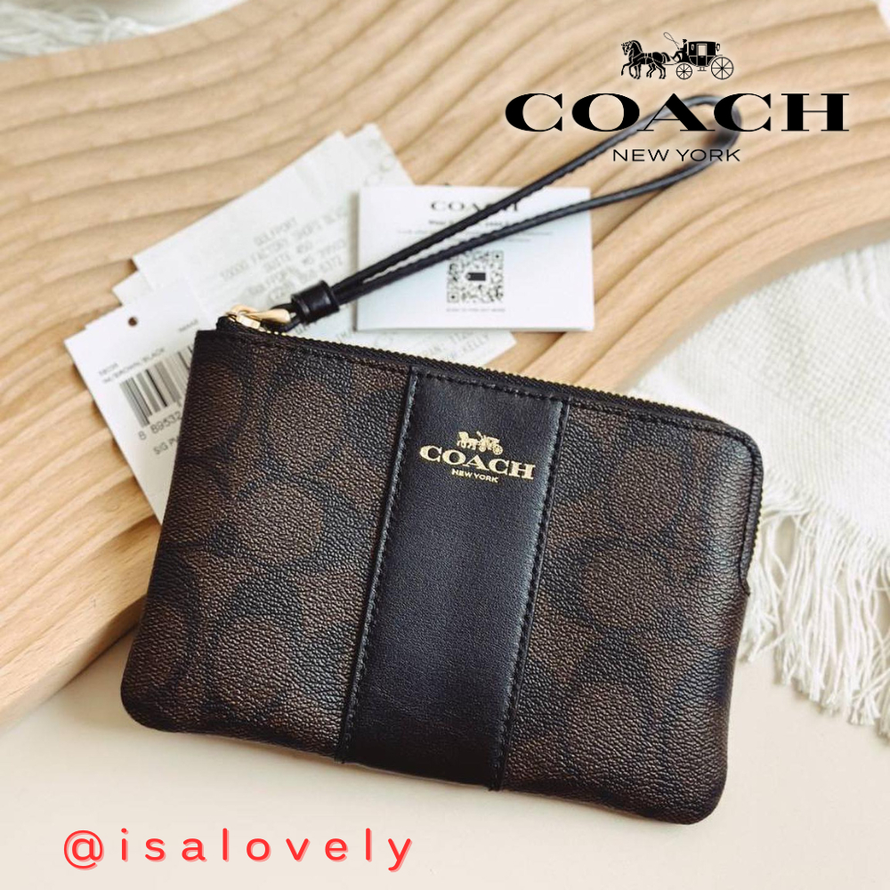 📌Isa Lovely Shop📌  COACH F58035 CORNER ZIP WRISTLET IN SIGNATURE CANVAS IM/ BROWN BLACK