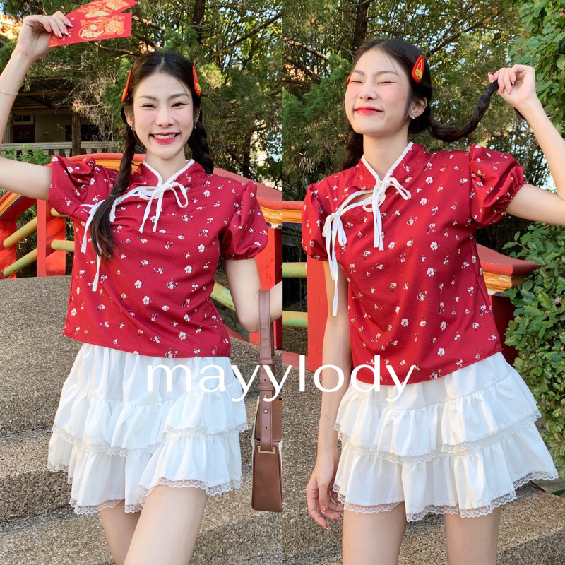 mayylody เสื้อครอป คอจีนแขนพองฟักทอง เเต่งกุ้นผูกโบว์น่ารักๆๆ สวยหวานเกาหลีเกาใจสุดๆๆๆ เสื้อคอจีน