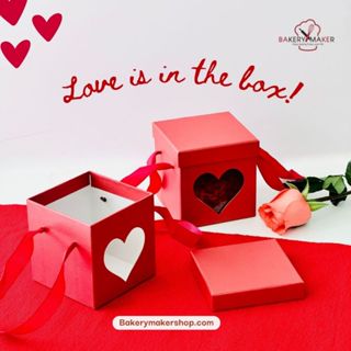 กล่องแข็ง เจาะหน้าต่าง หัวใจ หูหิ้ว 1 ใบ / กล่องคุกกี้ สีแดง…