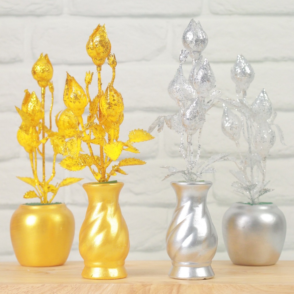 [พร้อมส่ง]✅ถูก ส่งเร็ว🔥แจกันไหว้พระงานไทย เซตคู่ ดอกบัวเงินบัวทอง ดอกไม้ประดิษฐ์ ดอกไม้ไหว้พระ ดอกไม้ปลอม