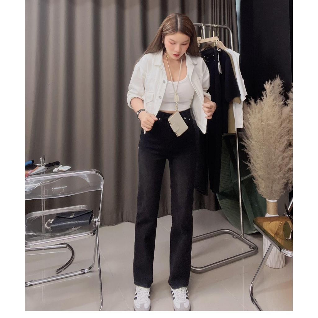 ยีนส์ Nammon Jeanh t10 ยีนส์กระบอกกลางผ้ายืด สีดำฟอก