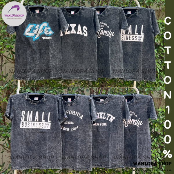 เสื้อยืดคอกลม ผ้าคอตตอน COTTON 100% สีดำฟอก ลายตัวอักษร ลายมินิมอล ขายแบบคละลาย มีลายมากกว่า 500 แบบ(ทางร้านคละให้)