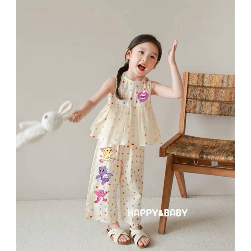 ชุดเซ็ทลูกสาวเสื้อ+กางเกงลายจุด สกรีนแคร์แบร์ ผ้านิ่ม พร้อมส่งจากไทย