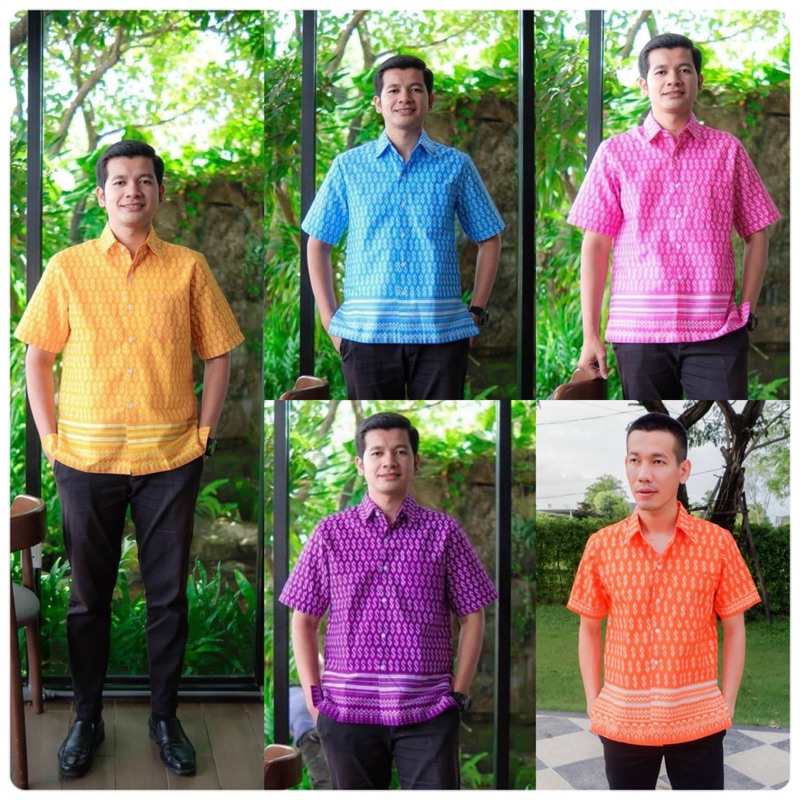 เสื้อเชิ้ต ลายไทย ลายขอพระราชทาน เนื้อผ้า คอลตอลพิมพ์ลาย สไตล์หนุ่มทำงาน