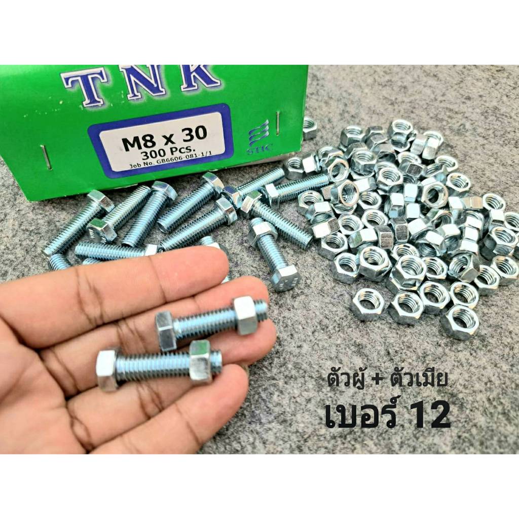 (สกรูน็อตตัวผู้+ตัวเมียมิลขาว) เบอร์12 ขนาด M8x30mm (ราคาต่อแพ็คจำนวน 50 ชุด) P1.25 AF12 น็อตเบอร์ 12 ยาว 3cm ยี่ห้อTNK