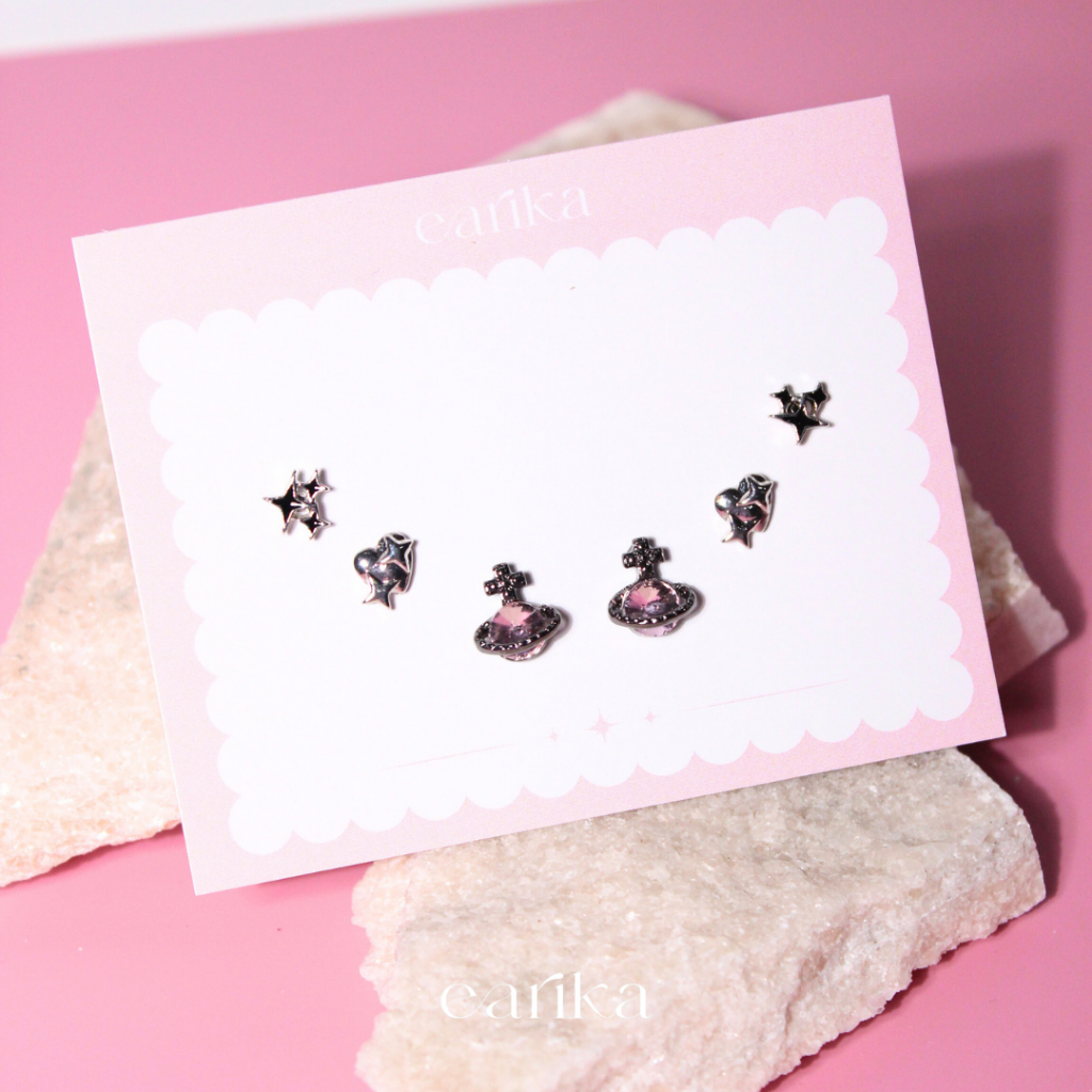 earika.earrings -  blackpink charming jupiter set เซ็ตต่างหูหัวใจอวกาศสีชมพูดำ ก้านเงินแท้ เหมาะสำหร