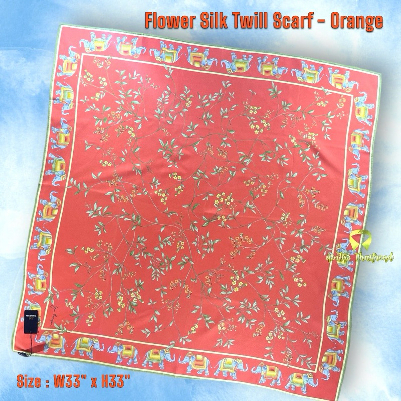 ผ้าพันคอ แบรนด์ Jim Thompson รุ่น Flower Silk Twill Scarf- Orange