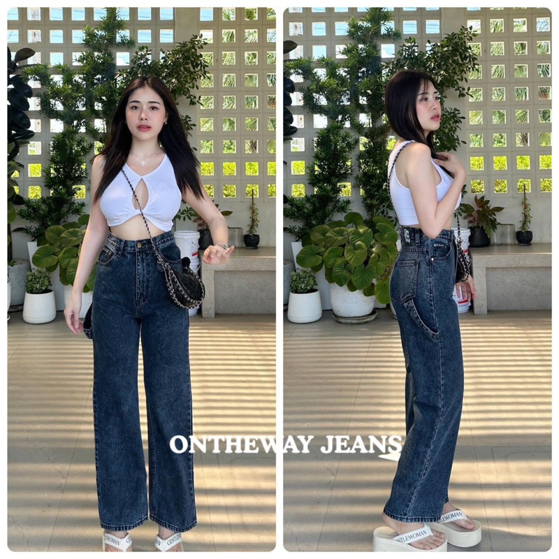กางเกงยีนส์ขากระบอก แต่งสายคล้อง เอวสูง ผ้าไม่ยืด ทรงสวยมากๆ สีดำสโนว์