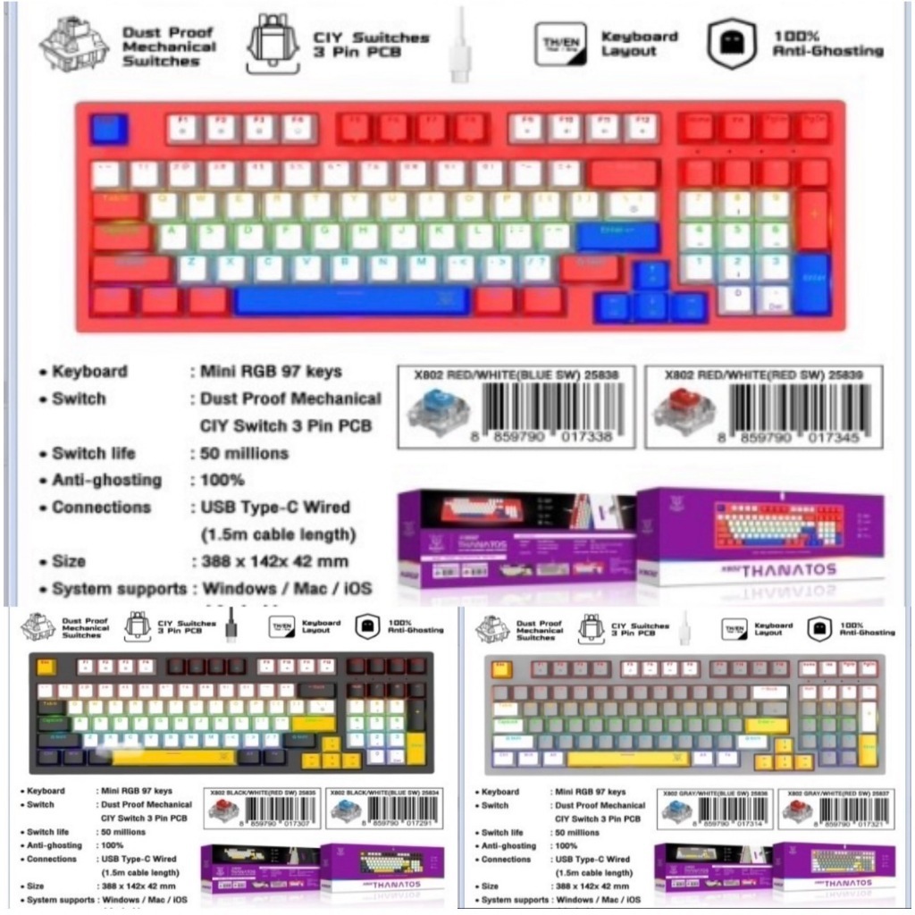 คีย์บอร์ดเกมมิ่ง(มีสาย) Nubwo X802 แมคคานิคอล Blue,-Red  Sw. Hotswap 3pin มี 3สี ดำ/เทา/แดง ประกัน 2ปี