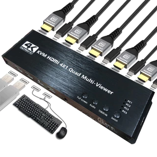 (จากไทย) HDMI KVM สวิตช์ 4x1 Quad Multi Viewer 4 in 1 Out KVM HDMI Multiviewer ไร้รอยต่อ สําหรับ 4PC แชร์เมาส์ คีย์บอร์ด