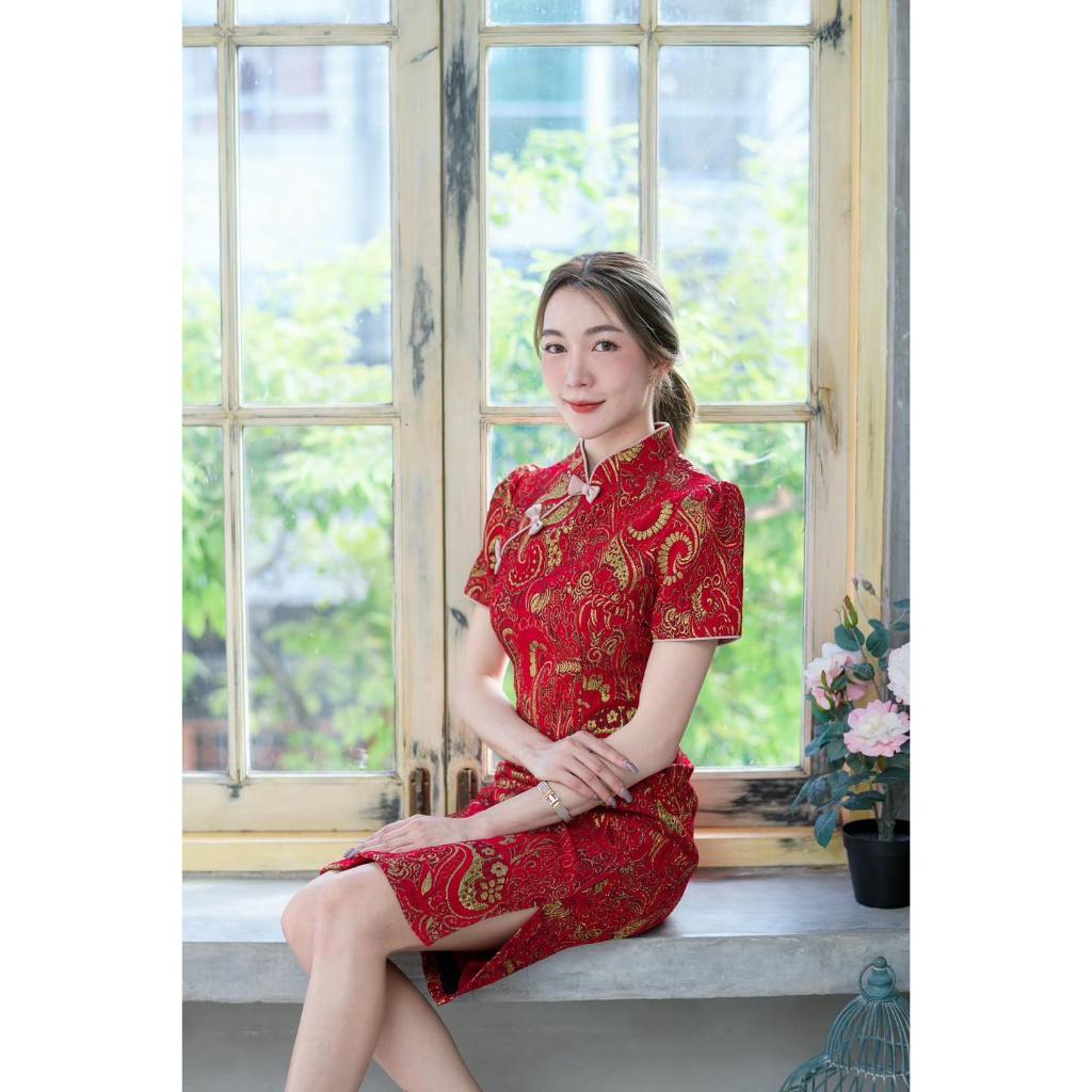 ZA158ชุดเดรสกี่เพ้าลายมังกรทอง