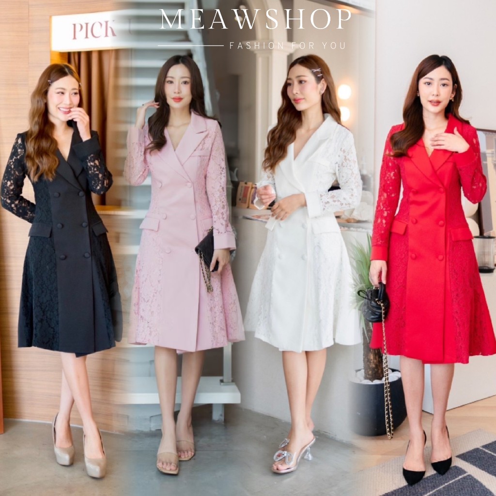 มี4สีค่ะ เดรสสูทคอปกลูกไม้ S-5XL ชุดทำงานผู้หญิง ออกงาน ไปงาน แดง ขาว ชมพู Blazer สูทแฟชั่น สาวออฟฟิ